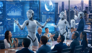 Group of people having a discussion at work in front of a laptop